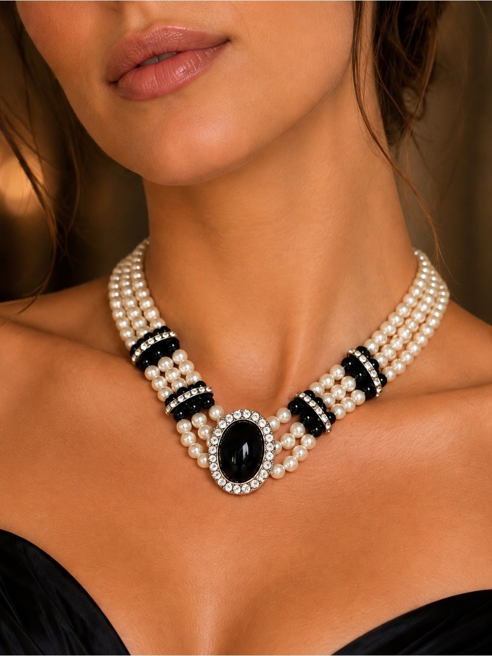 Vintage Black & Faux Pearl Multi-Strand Statement Rhinestone Cabochon Necklace